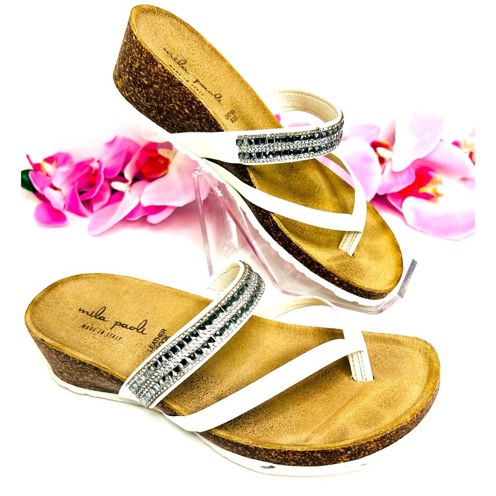 Mila Paoli Italian Leather Sandals Size 6 Cork Wedge White